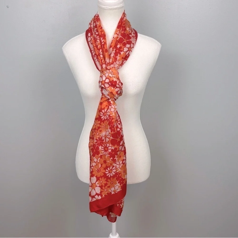 Bijoux Terner 100% silk pink & orange floral daisy print scarf.